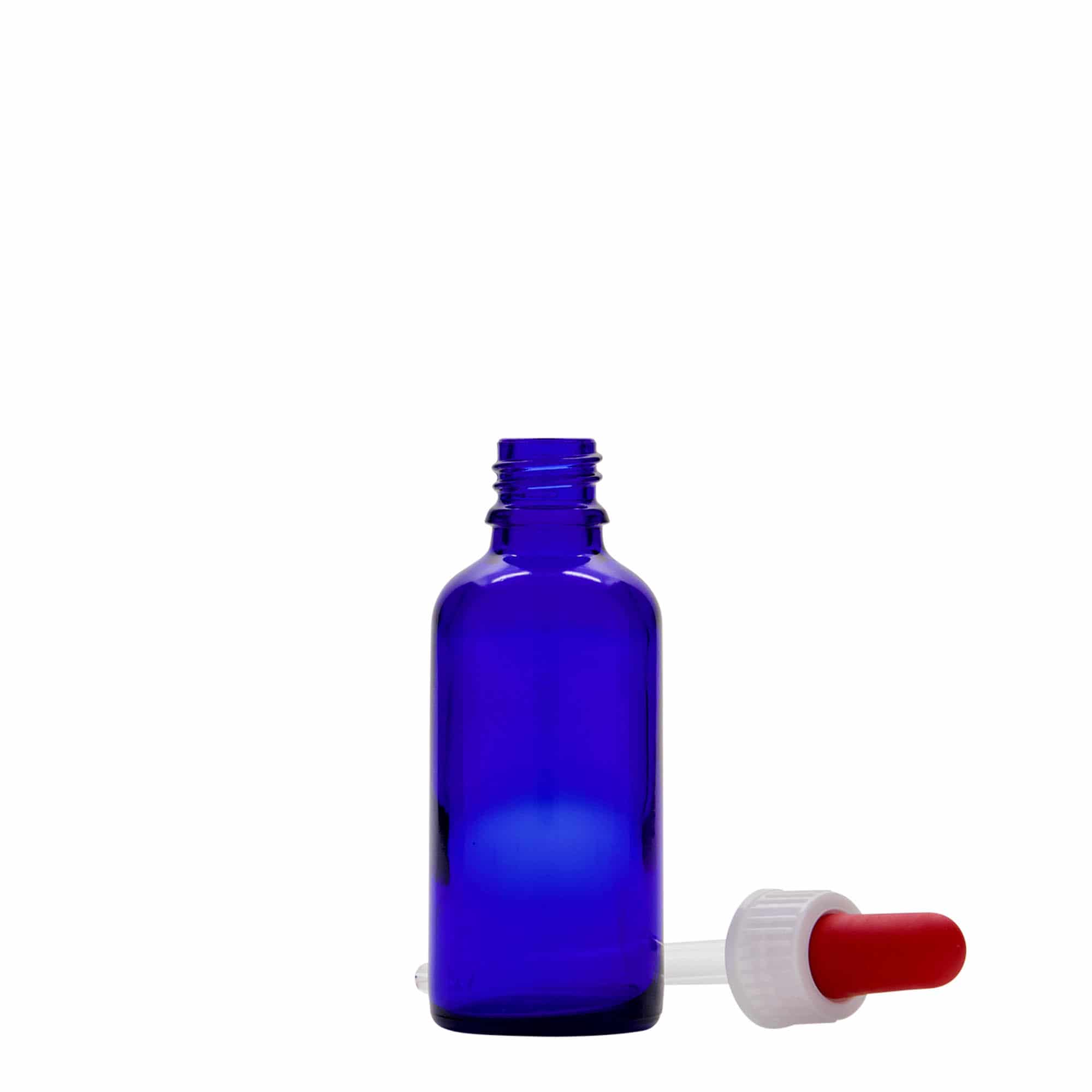 Flacon compte-gouttes médical 50 ml, verre, bleu roi-rouge, bouchage: DIN 18