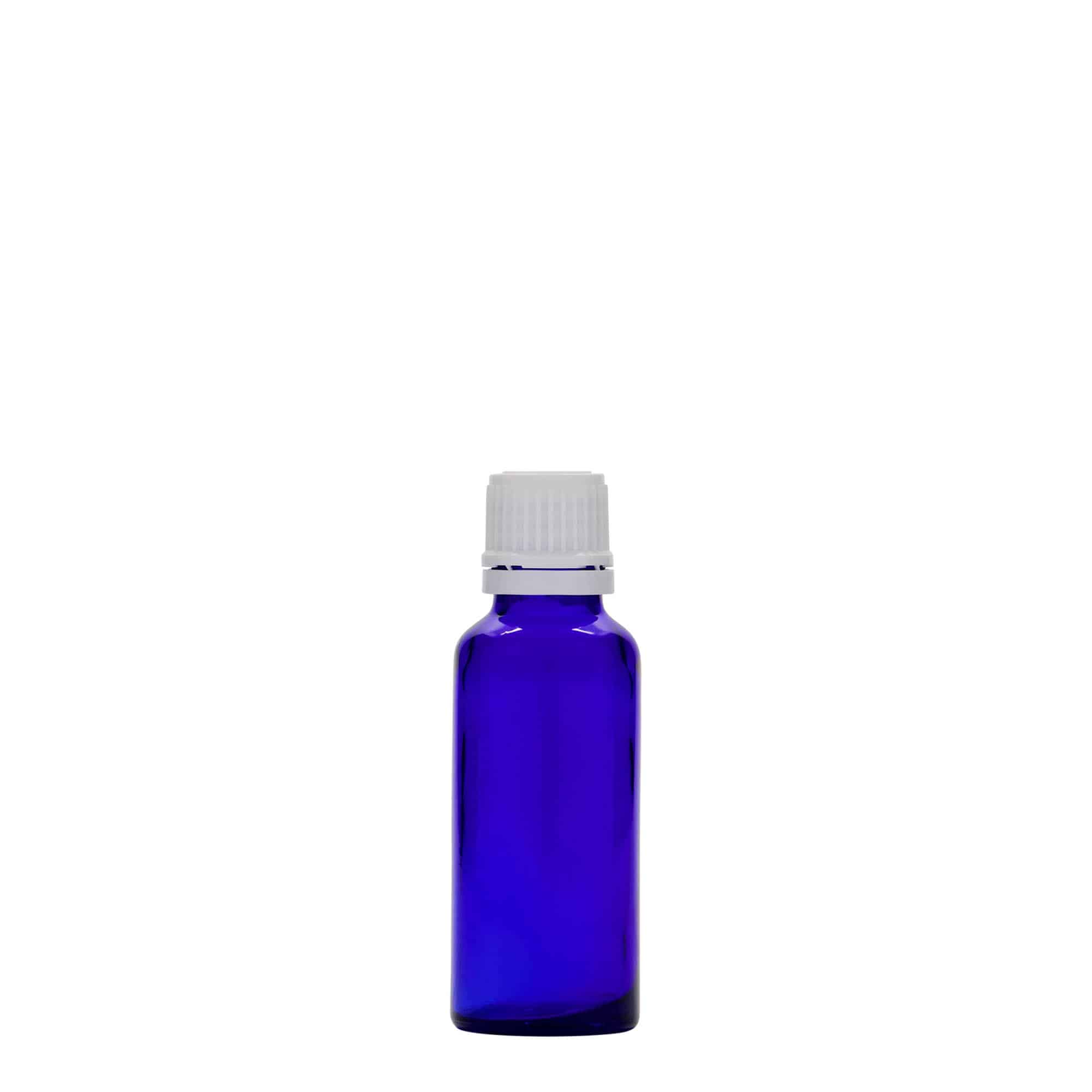 Flacon pharmaceutique 30 ml , verre, bleu roi, bouchage: DIN 18