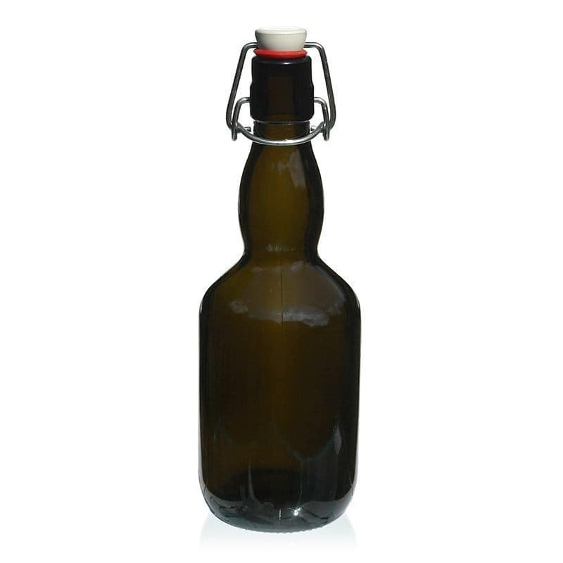 Bouteille de bière col large 500 ml, verre, vert antique, bouchage: bouchon mécanique