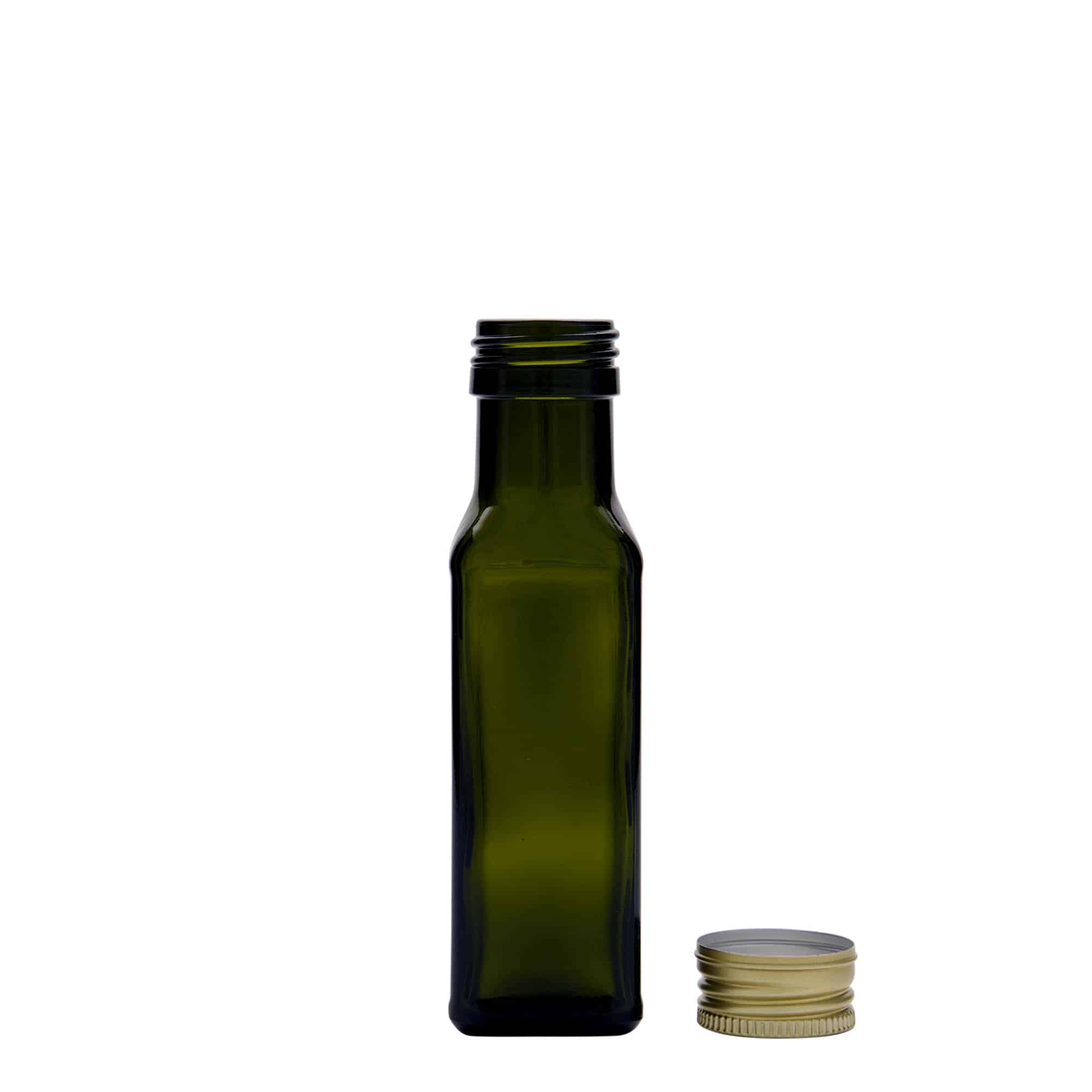 Bouteille en verre 100 ml 'Marasca', carrée, vert antique, bouchage: PP 31,5