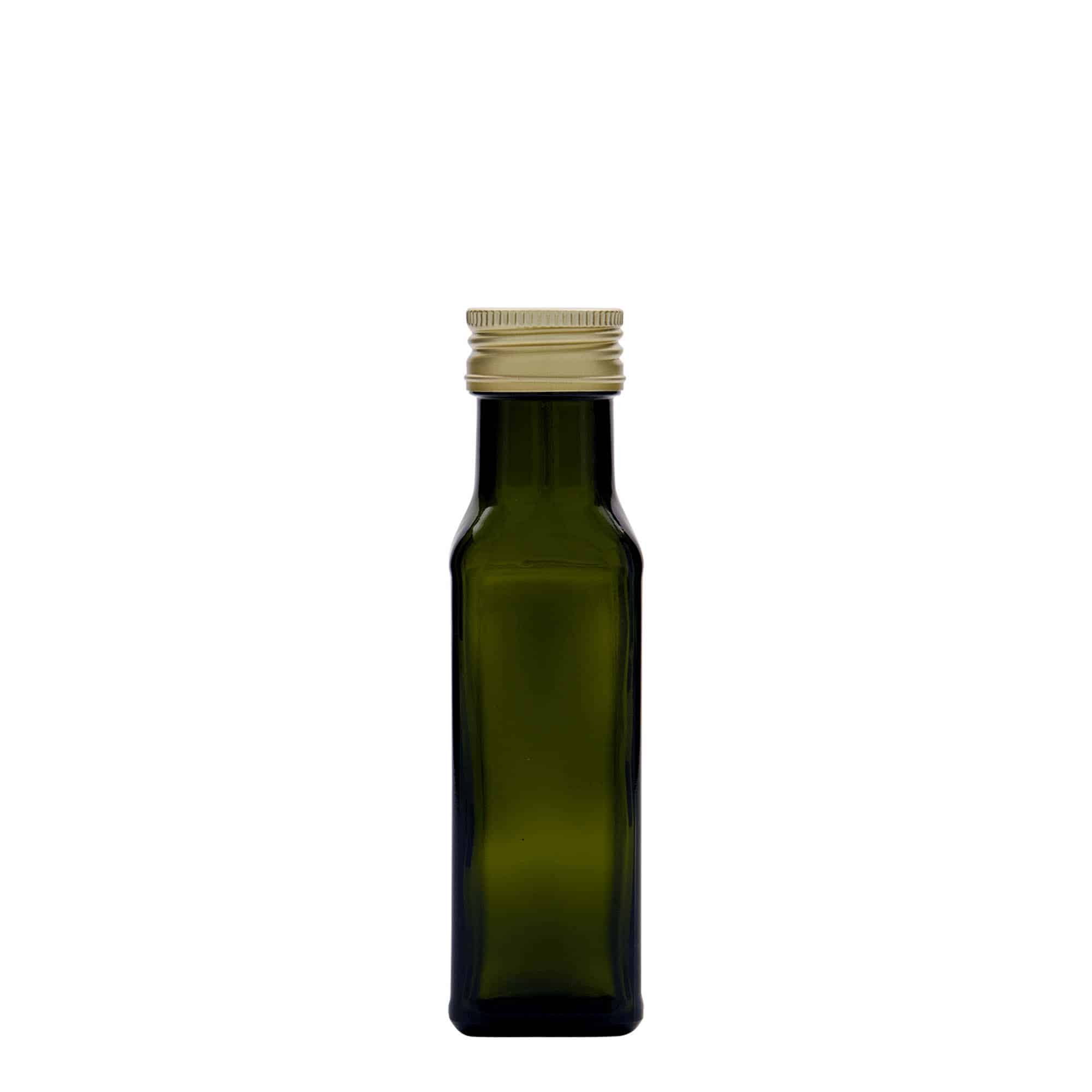 Bouteille en verre 100 ml 'Marasca', carrée, vert antique, bouchage: PP 31,5