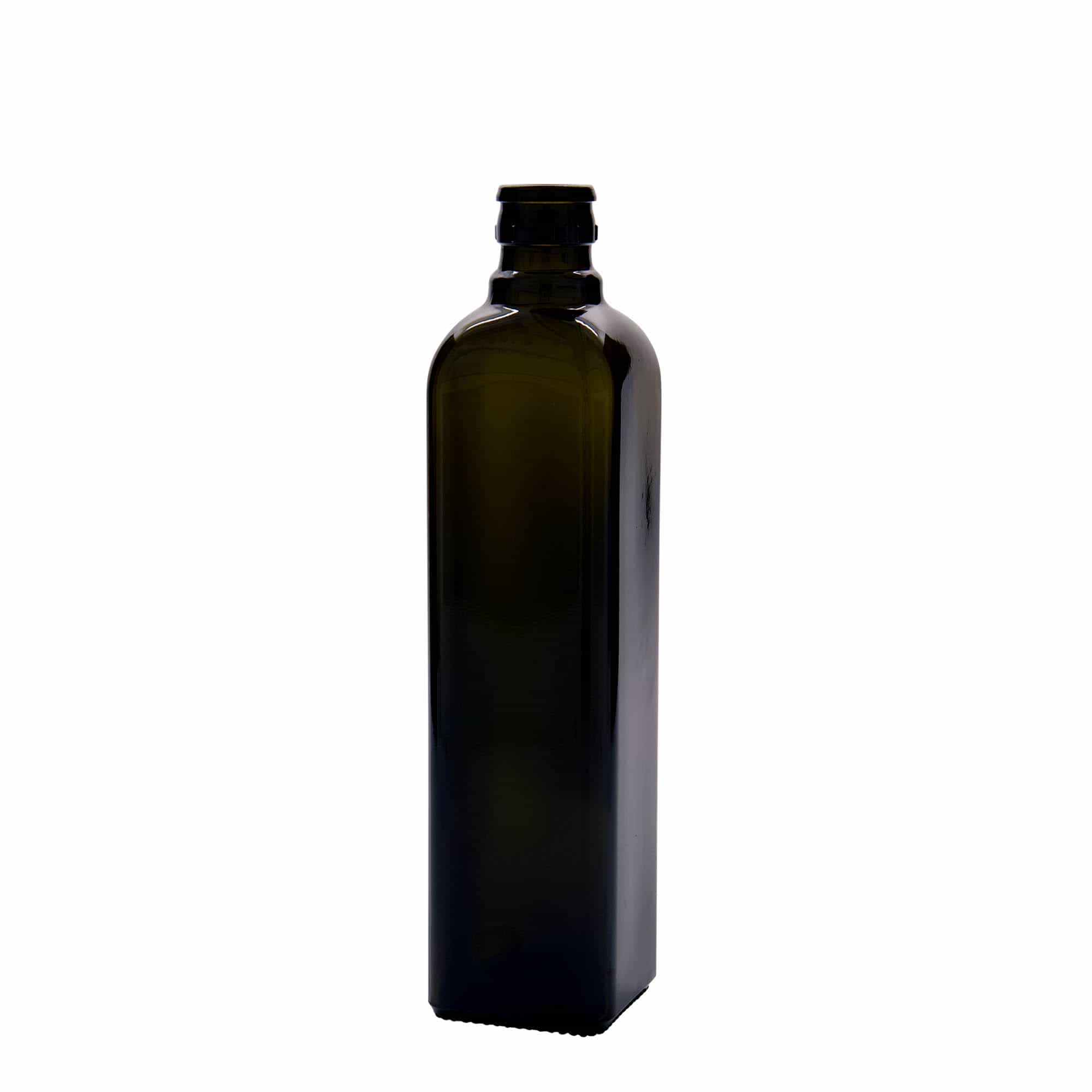 Bouteille de vinaigre / d’huile 500 ml 'Quadra', verre, carrée, vert antique, bouchage: DOP