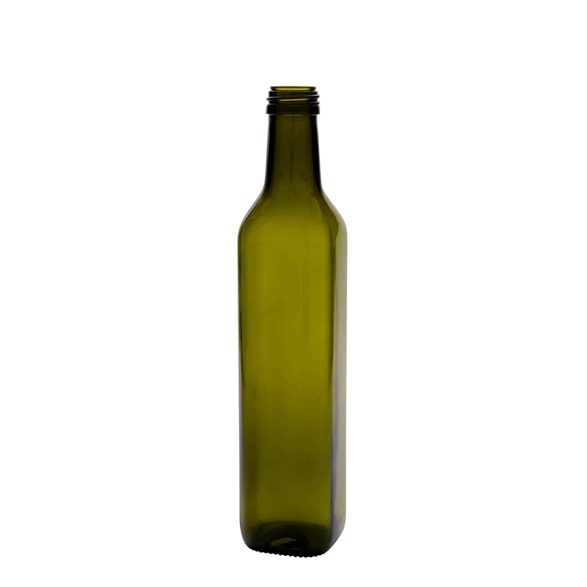 Bouteille en verre 500 ml 'Marasca', carrée, vert antique, bouchage: PP 31,5