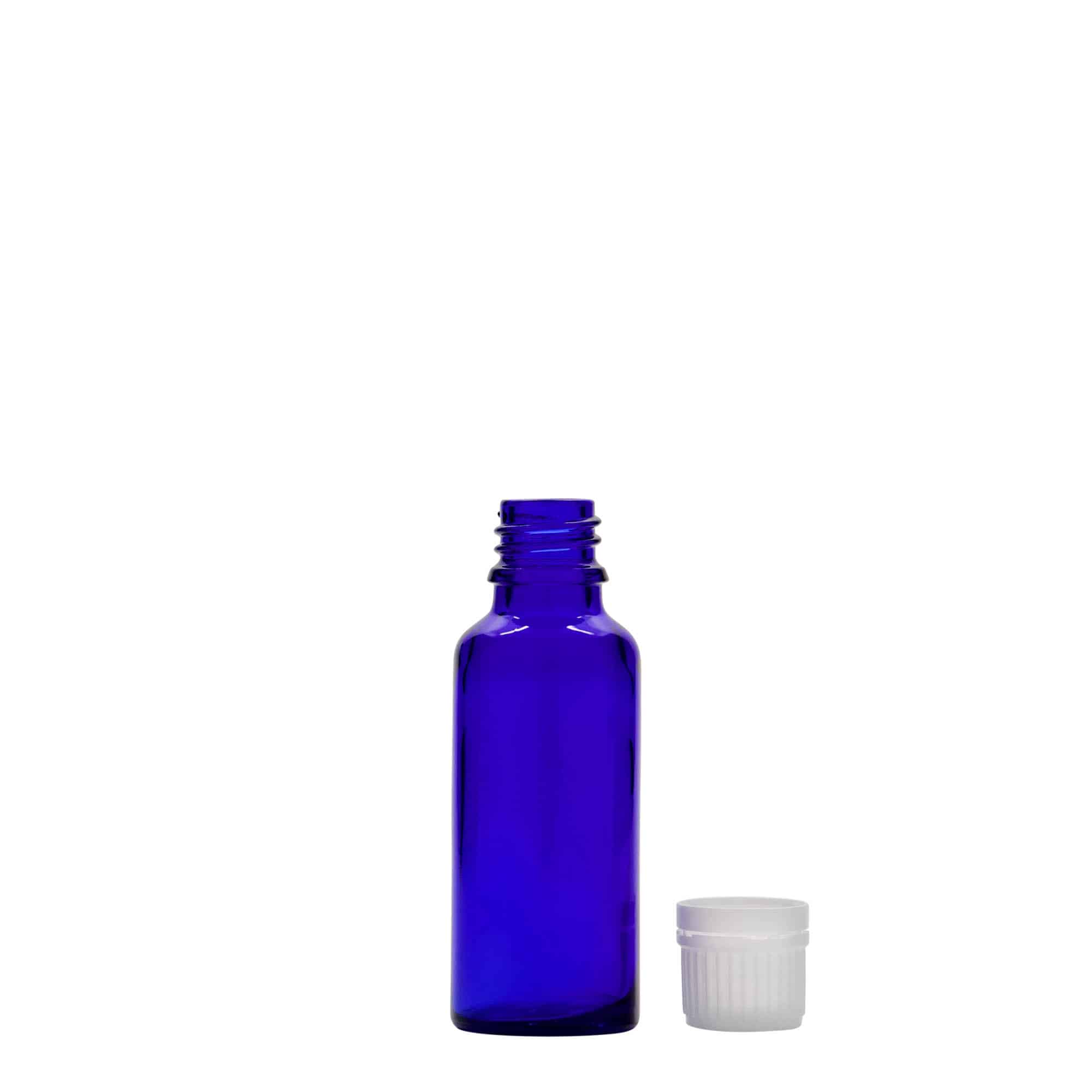 Flacon pharmaceutique 30 ml , verre, bleu roi, bouchage: DIN 18