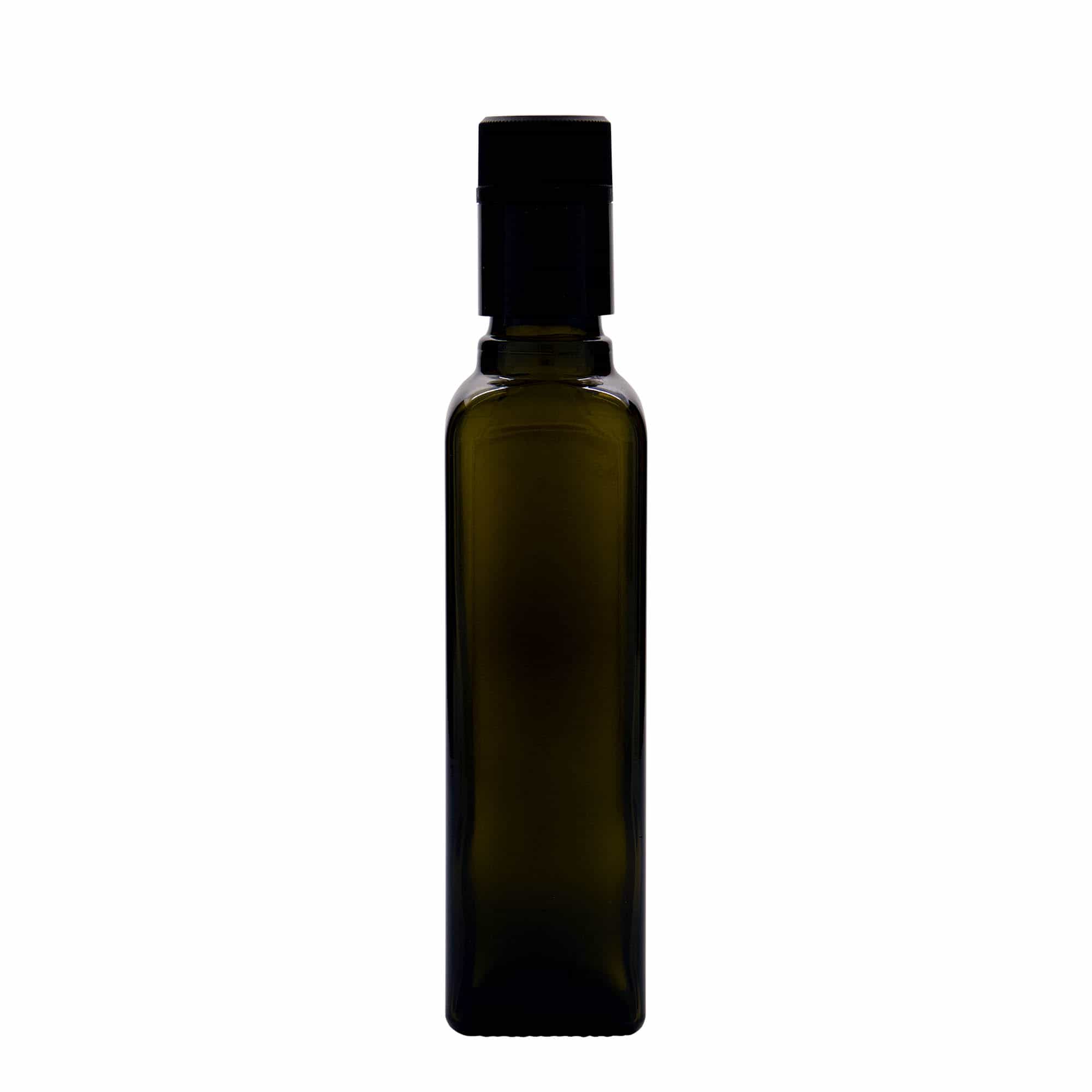 Bouteille de vinaigre / d’huile 250 ml 'Quadra', verre, carrée, vert antique, bouchage: DOP