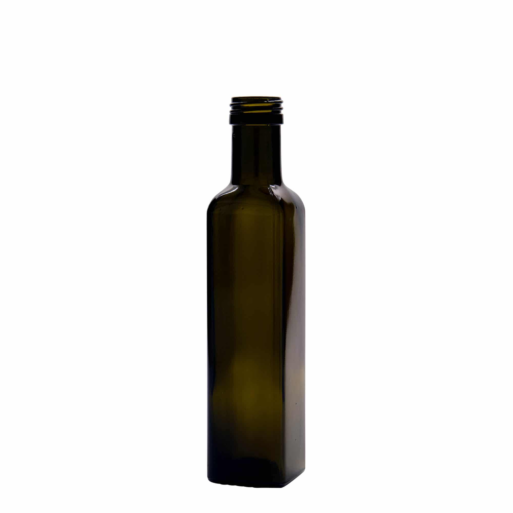 Bouteille en verre 250 ml 'Marasca', carrée, vert antique, bouchage: PP 31,5