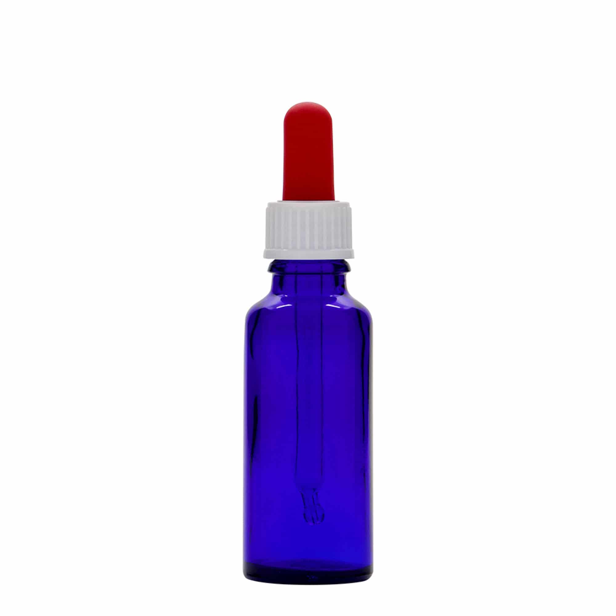 Flacon compte-gouttes médical 30 ml, verre, bleu roi-rouge, bouchage: DIN 18