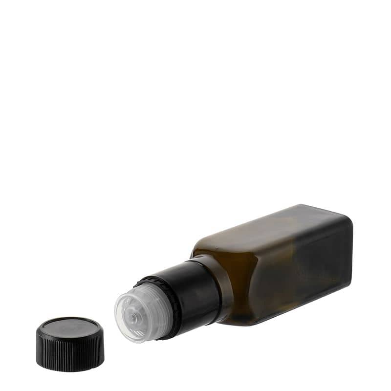 Bouteille de vinaigre / d’huile 100 ml 'Quadra', verre, carrée, vert antique, bouchage: DOP