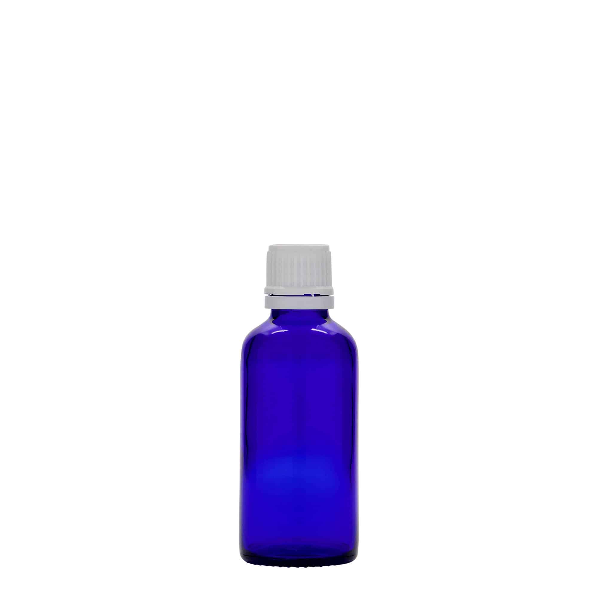 Flacon pharmaceutique 50 ml , verre, bleu roi, bouchage: DIN 18