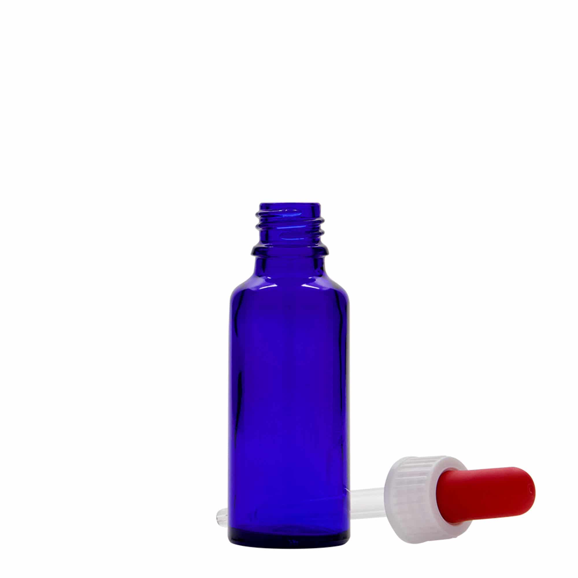 Flacon compte-gouttes médical 30 ml, verre, bleu roi-rouge, bouchage: DIN 18