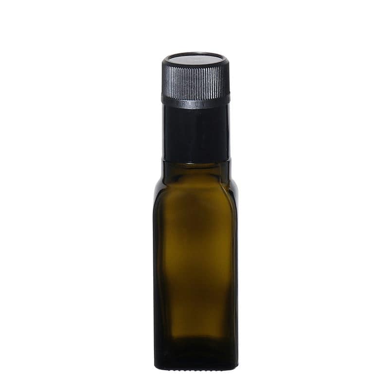 Bouteille de vinaigre / d’huile 100 ml 'Quadra', verre, carrée, vert antique, bouchage: DOP